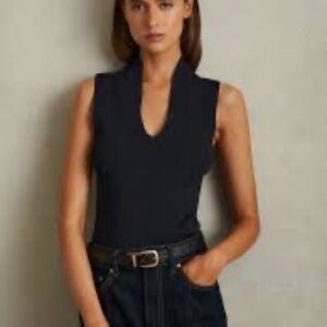 Reiss Dark Navy Womens L Knitted Sleeveless V-Neck Pullover Stretch Top